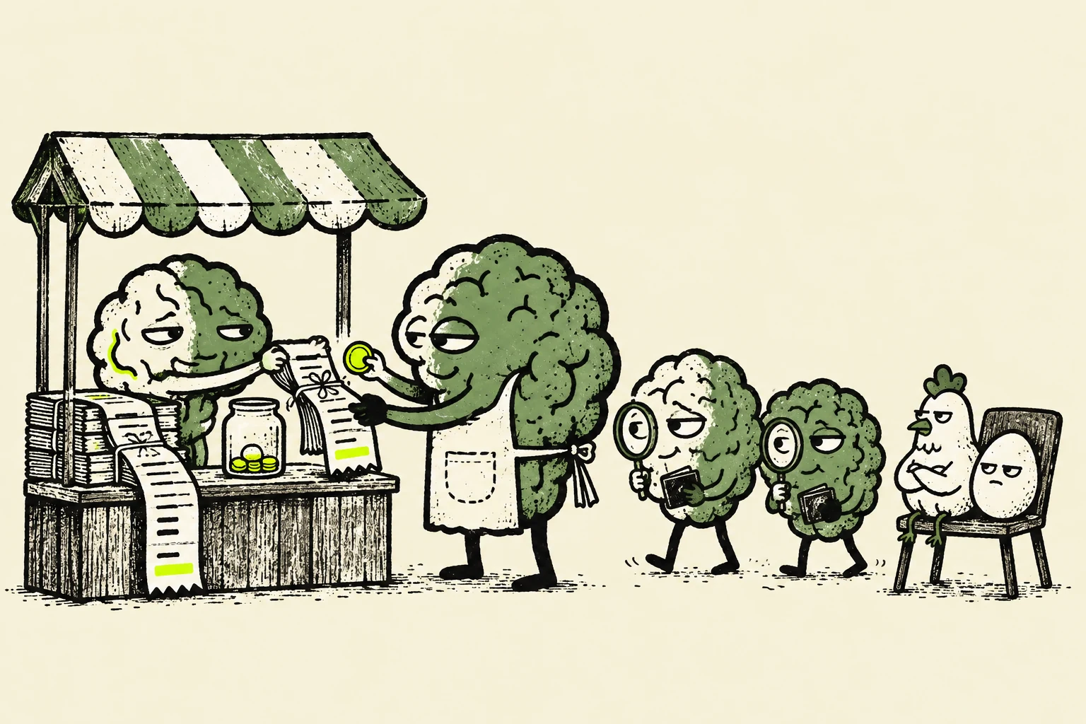 Original illustration: a first buyer pays for a research trace at a market stall, curious buyers follow, and a chicken and an egg wait on a chair.