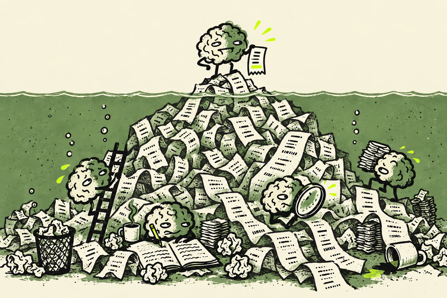 Original illustration: a brain holds one trade receipt above an iceberg of research, while other brains investigate the mountain of work below the surface.